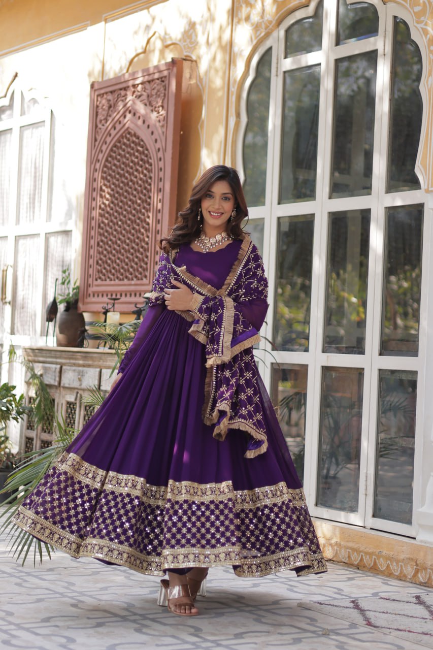 Purple Regal Bloom – Embroidered Zari Sequins Gown Set ClothsVilla
