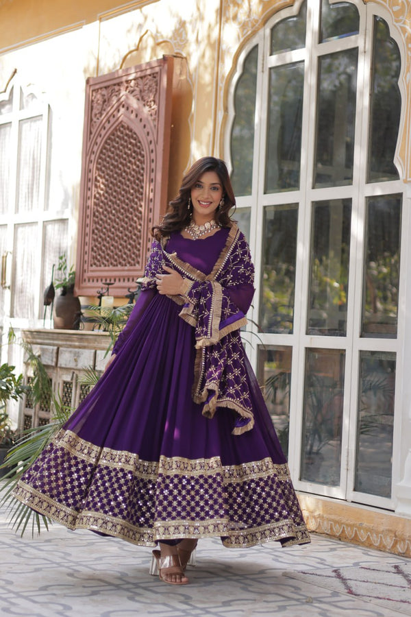 Purple Regal Bloom – Embroidered Zari Sequins Gown Set ClothsVilla