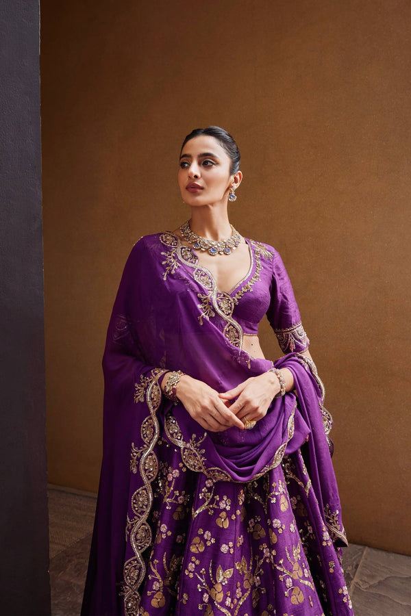 Purple Regal Thai Silk Lehenga Set with Sequins, Zari & Dori Work ClothsVilla