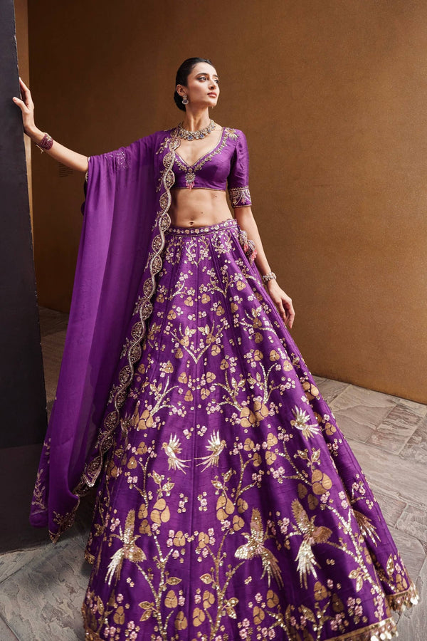 Purple Regal Thai Silk Lehenga Set with Sequins, Zari & Dori Work ClothsVilla