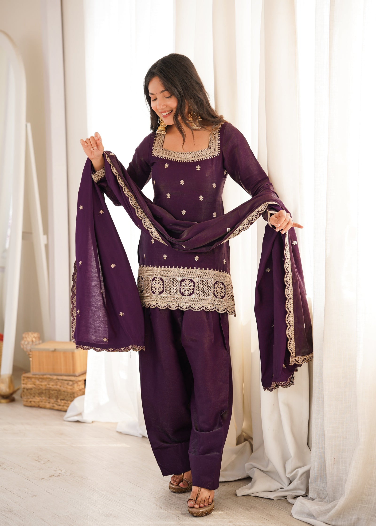 Purple Roman Silk Farshi Shalwar Set ClothsVilla