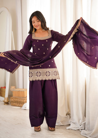 Purple Roman Silk Farshi Shalwar Set ClothsVilla