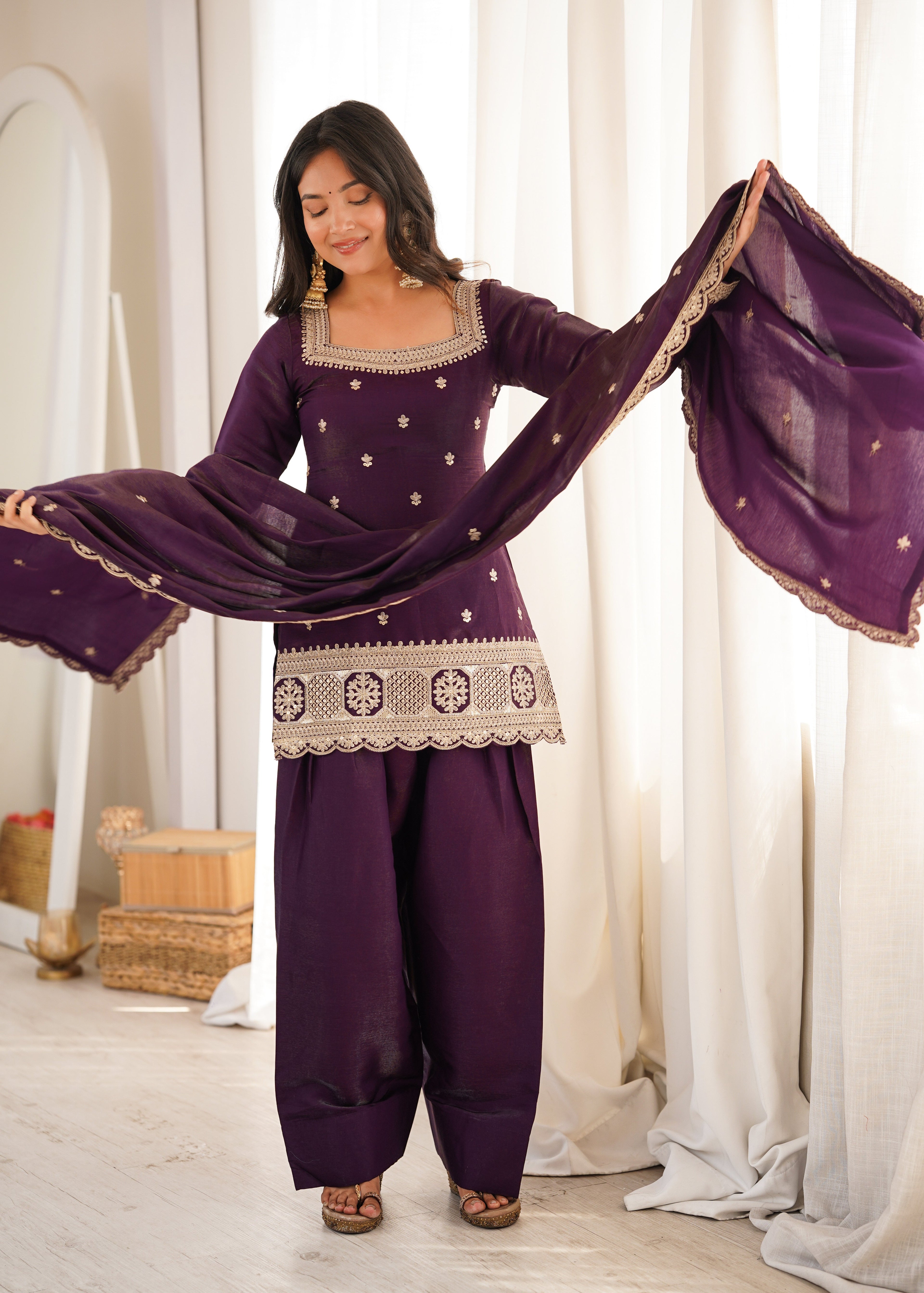 Purple Roman Silk Farshi Shalwar Set ClothsVilla