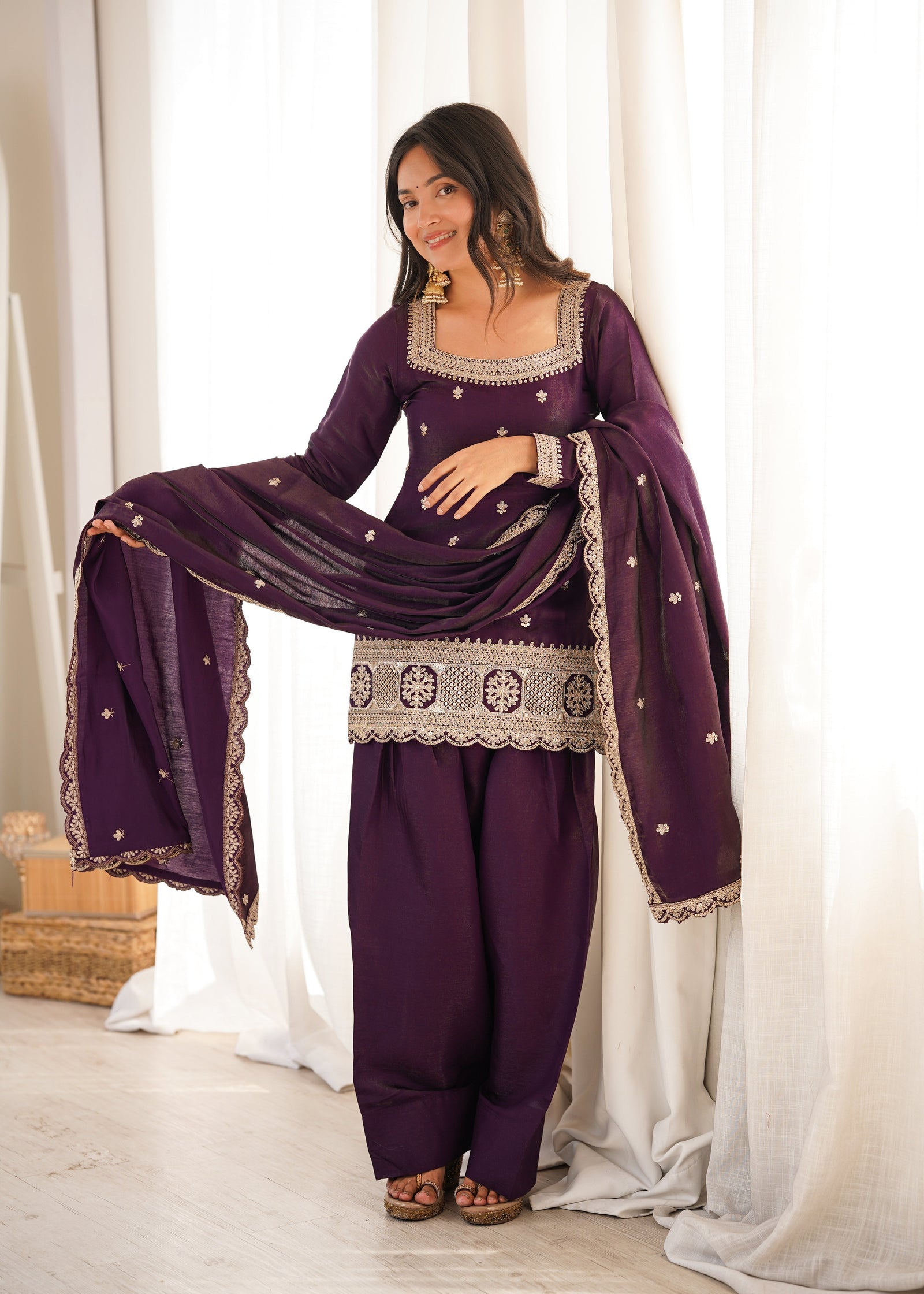 Purple Roman Silk Farshi Shalwar Set ClothsVilla