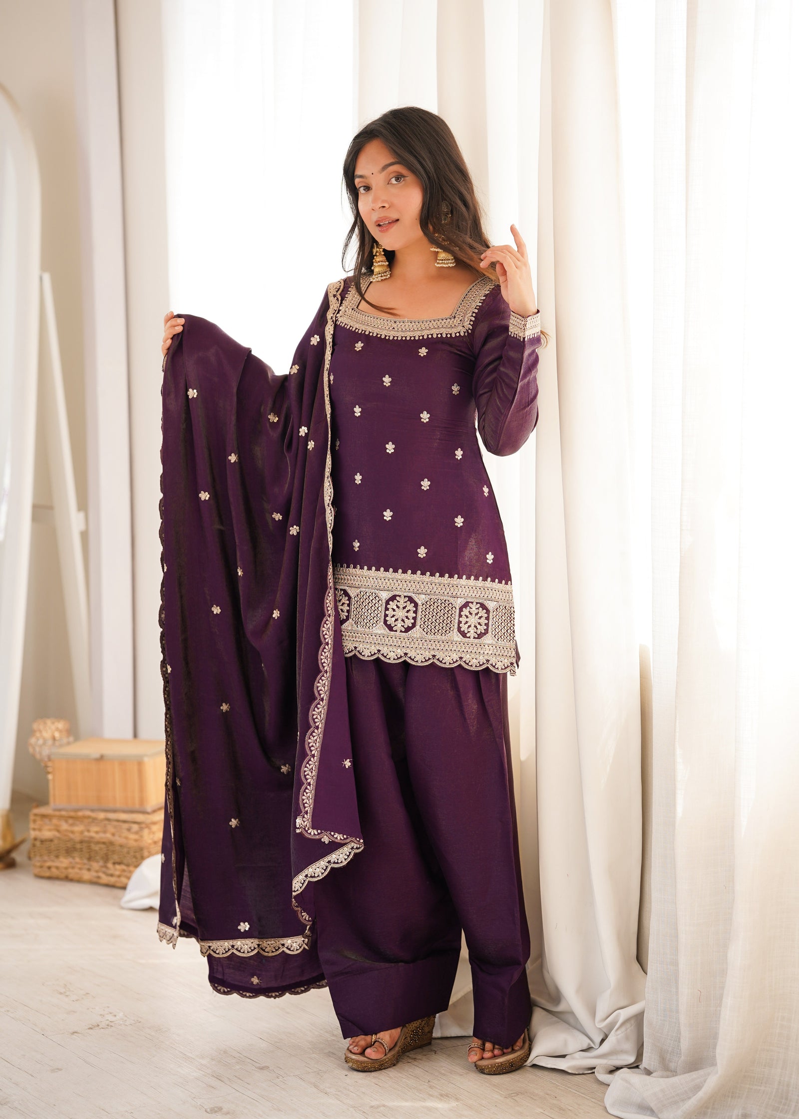 Purple Roman Silk Farshi Shalwar Set ClothsVilla