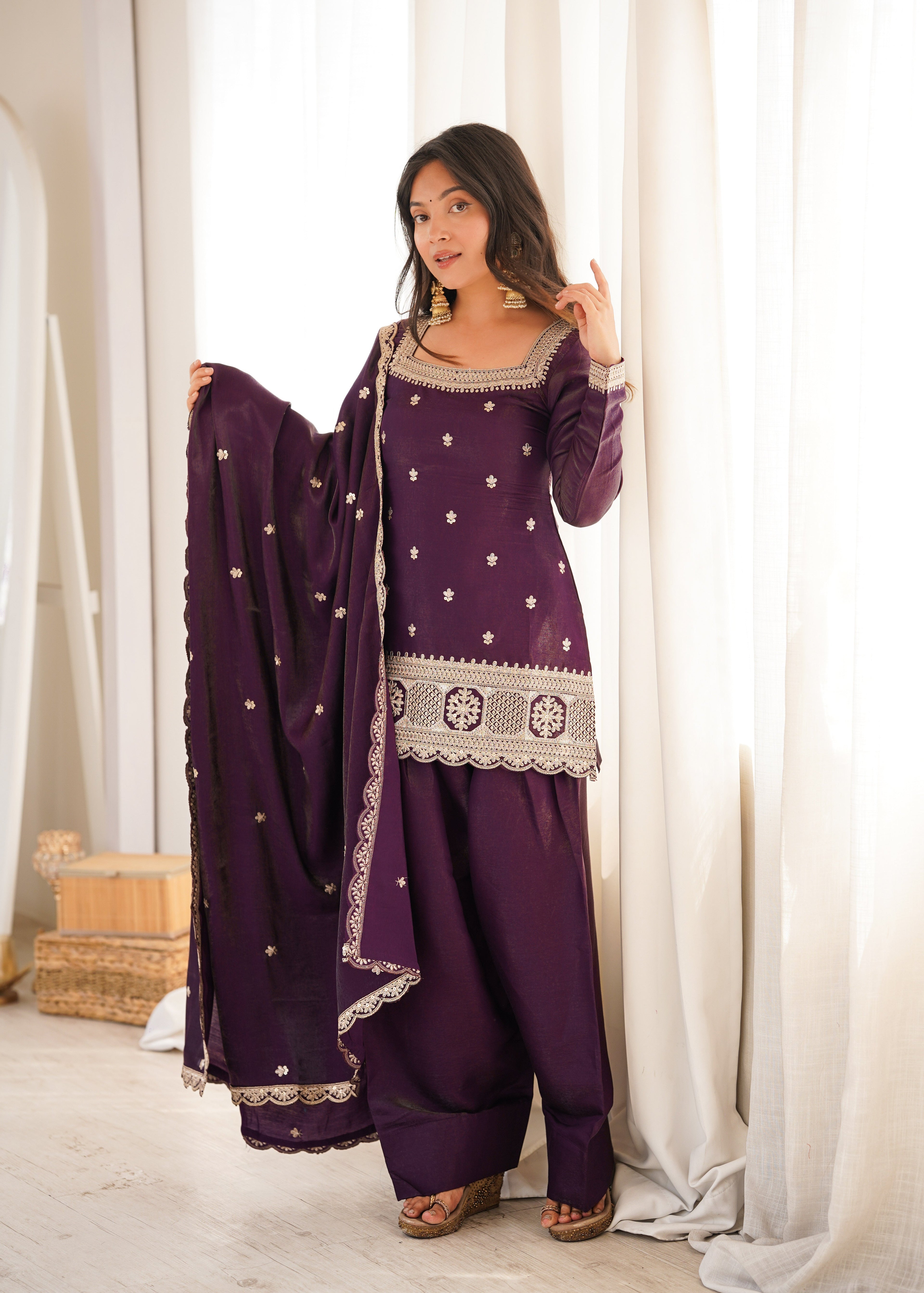 Purple Roman Silk Farshi Shalwar Set ClothsVilla
