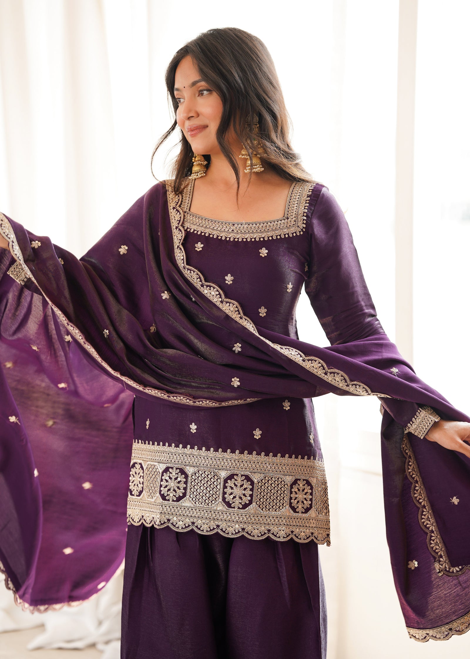 Purple Roman Silk Farshi Shalwar Set ClothsVilla