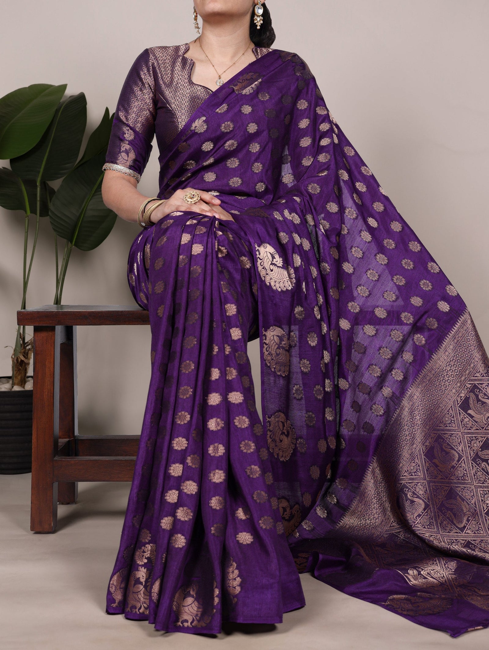 Purple Roop Silk Saree with Zari Weaving & Elegant Lace-Touch Blouse ClothsVilla
