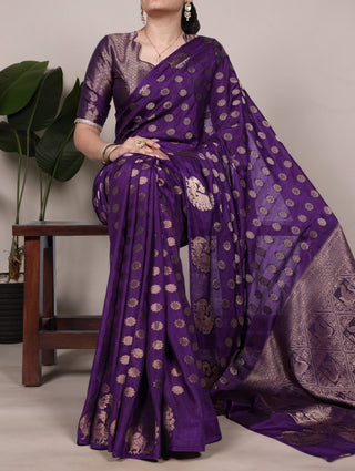 Purple Roop Silk Saree with Zari Weaving & Elegant Lace-Touch Blouse ClothsVilla