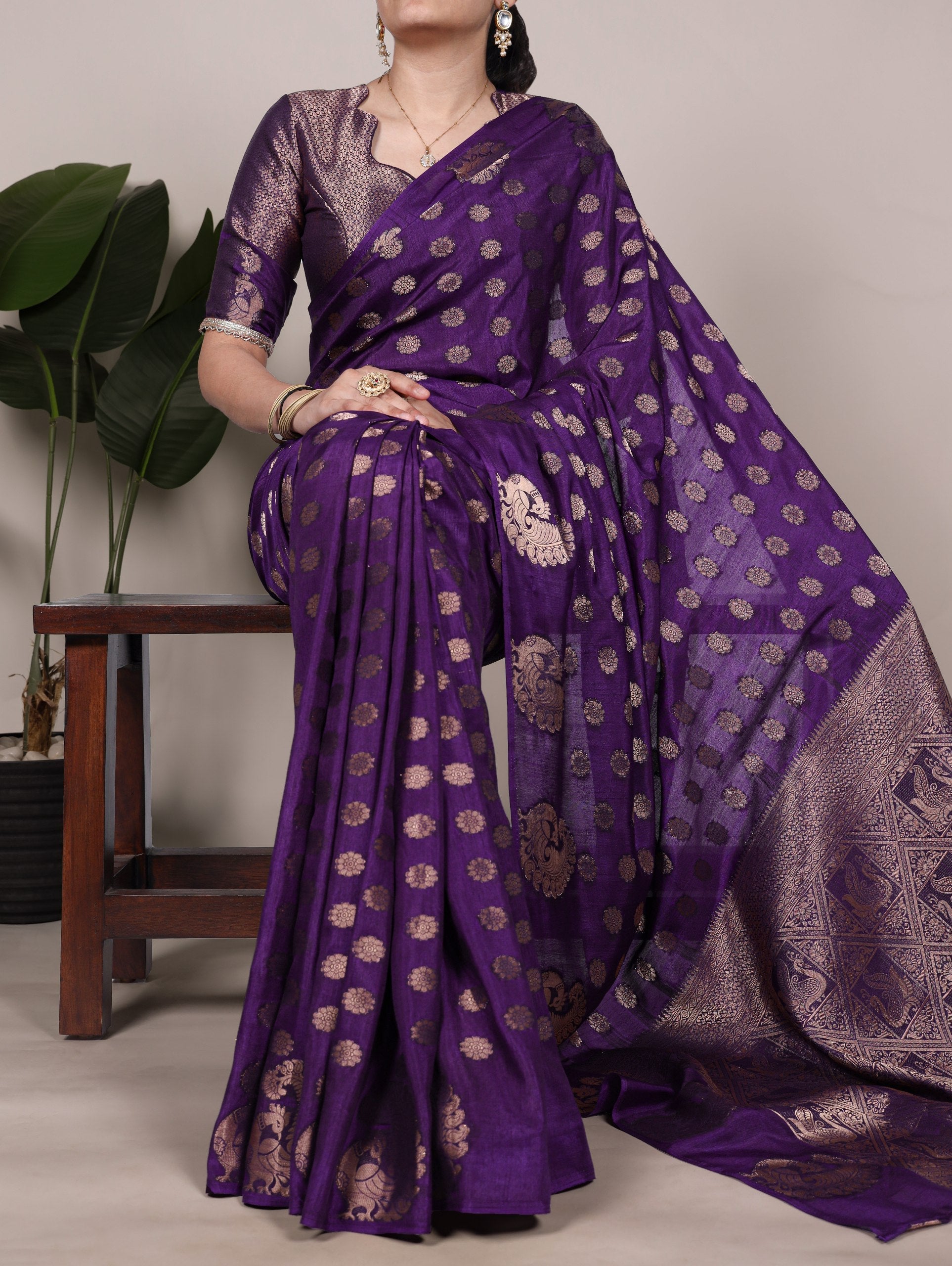 Purple Roop Silk Saree with Zari Weaving & Elegant Lace-Touch Blouse ClothsVilla