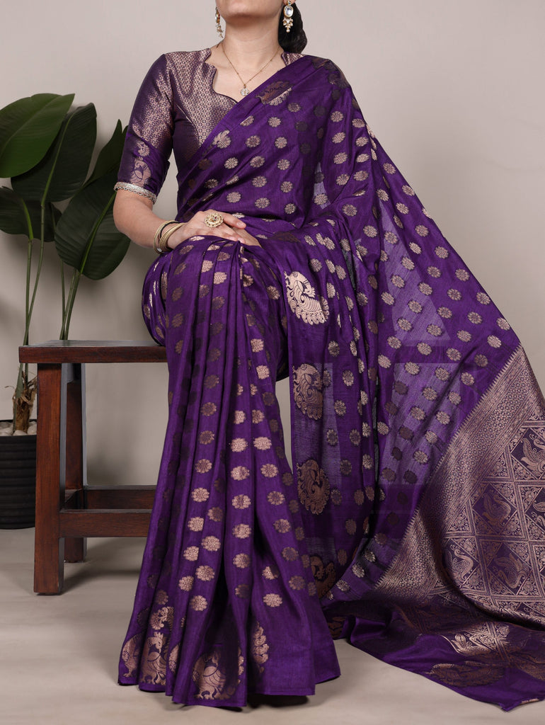 Purple Roop Silk Saree with Zari Weaving & Elegant Lace-Touch Blouse ClothsVilla