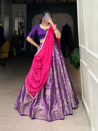 Purple Royal Drape Jacquard Silk Lehenga  Majestic Elegance
