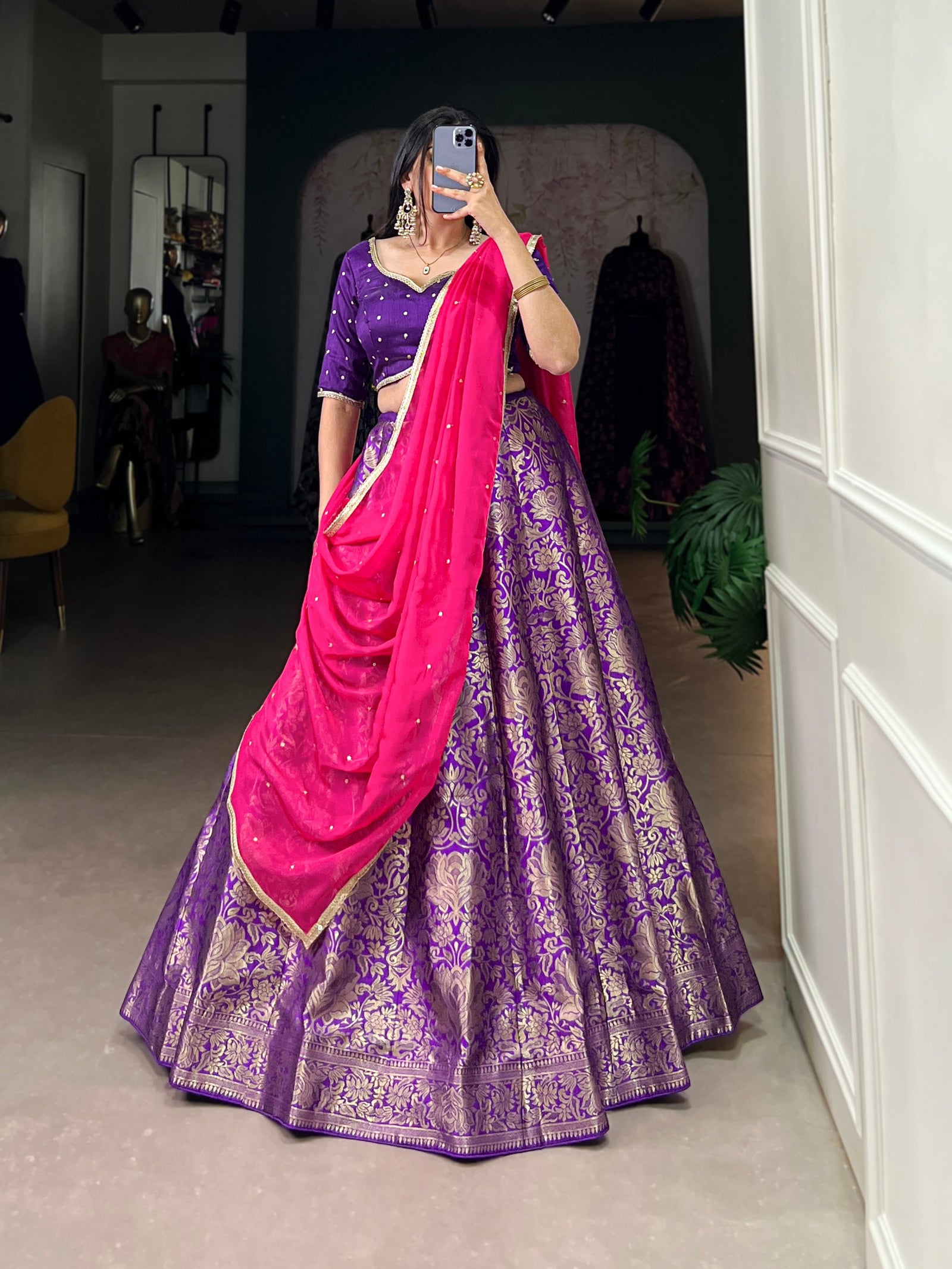 Purple Royal Drape Jacquard Silk Lehenga  Majestic Elegance