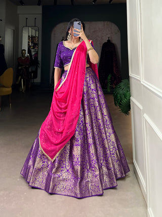 Purple Royal Drape Jacquard Silk Lehenga  Majestic Elegance