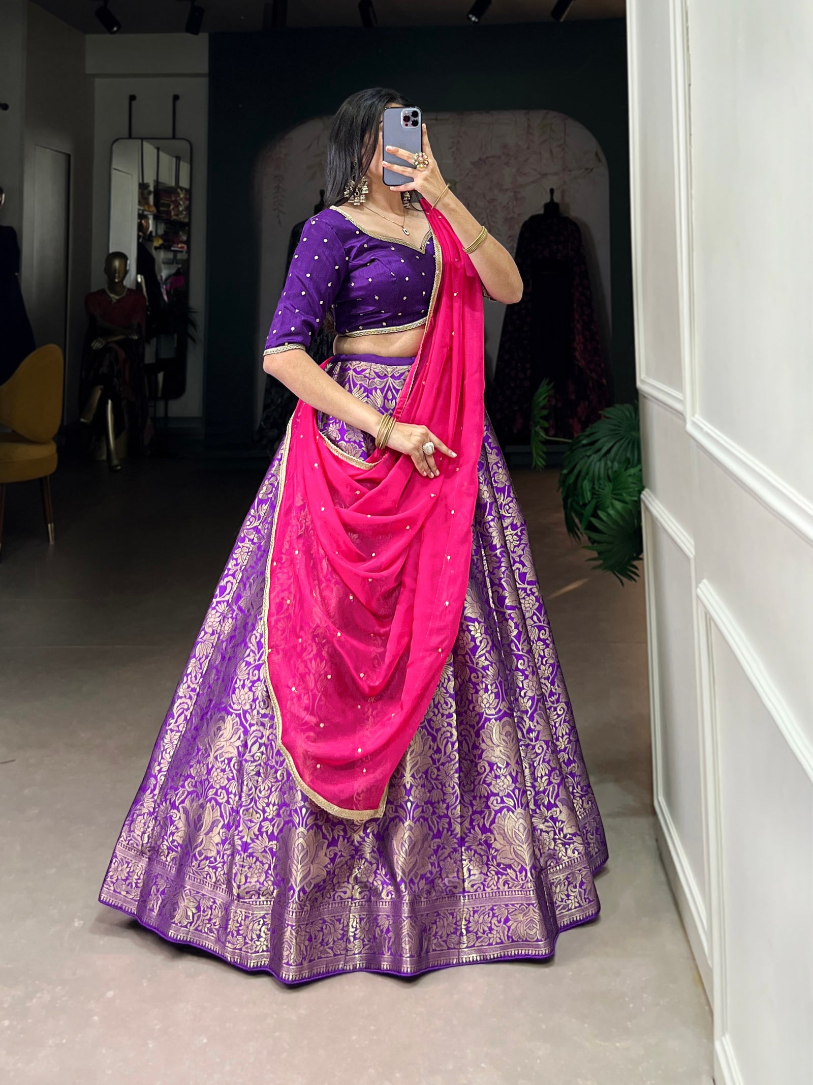 Purple Royal Drape Jacquard Silk Lehenga  Majestic Elegance
