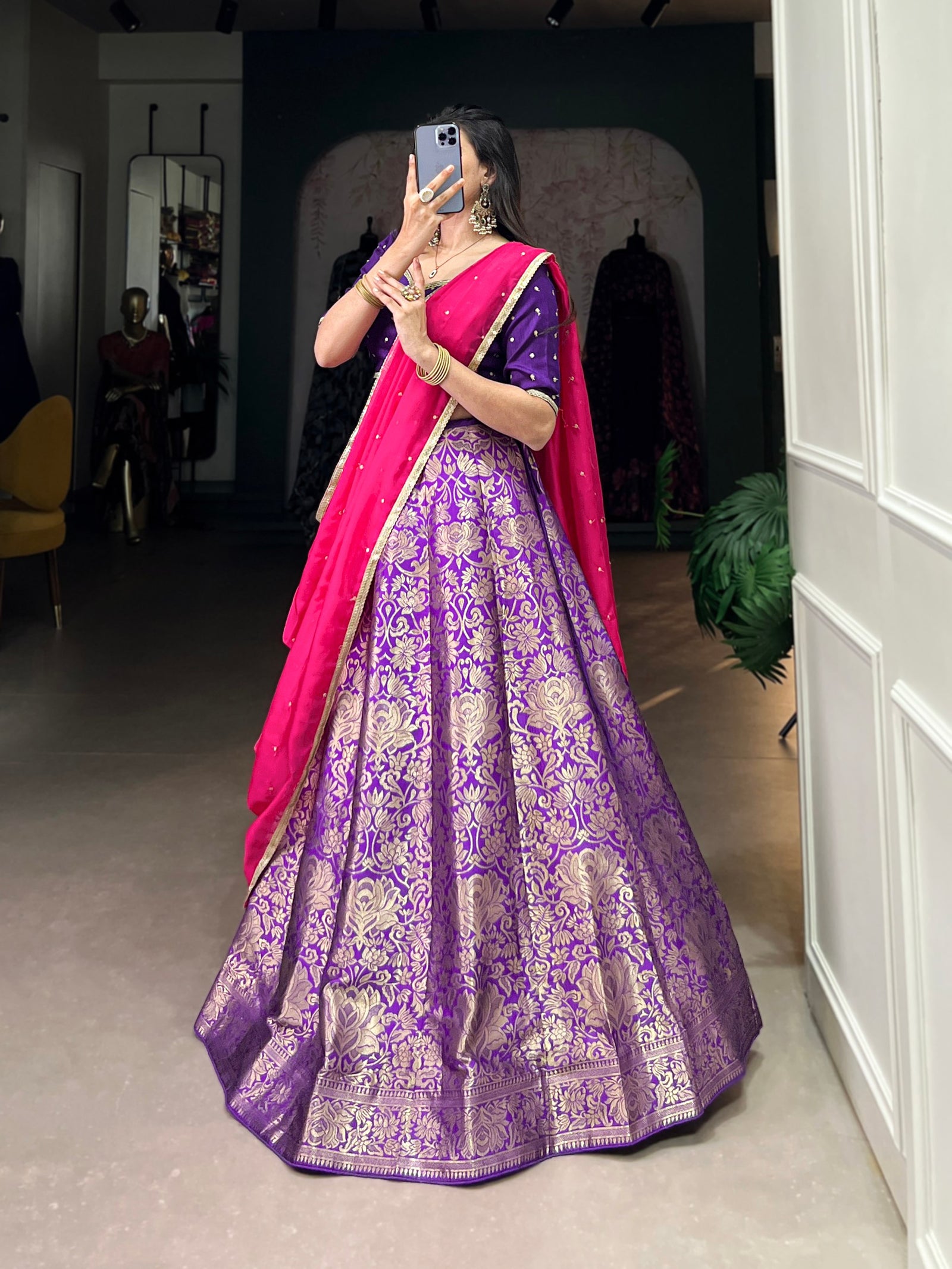 Purple Royal Drape Jacquard Silk Lehenga  Majestic Elegance