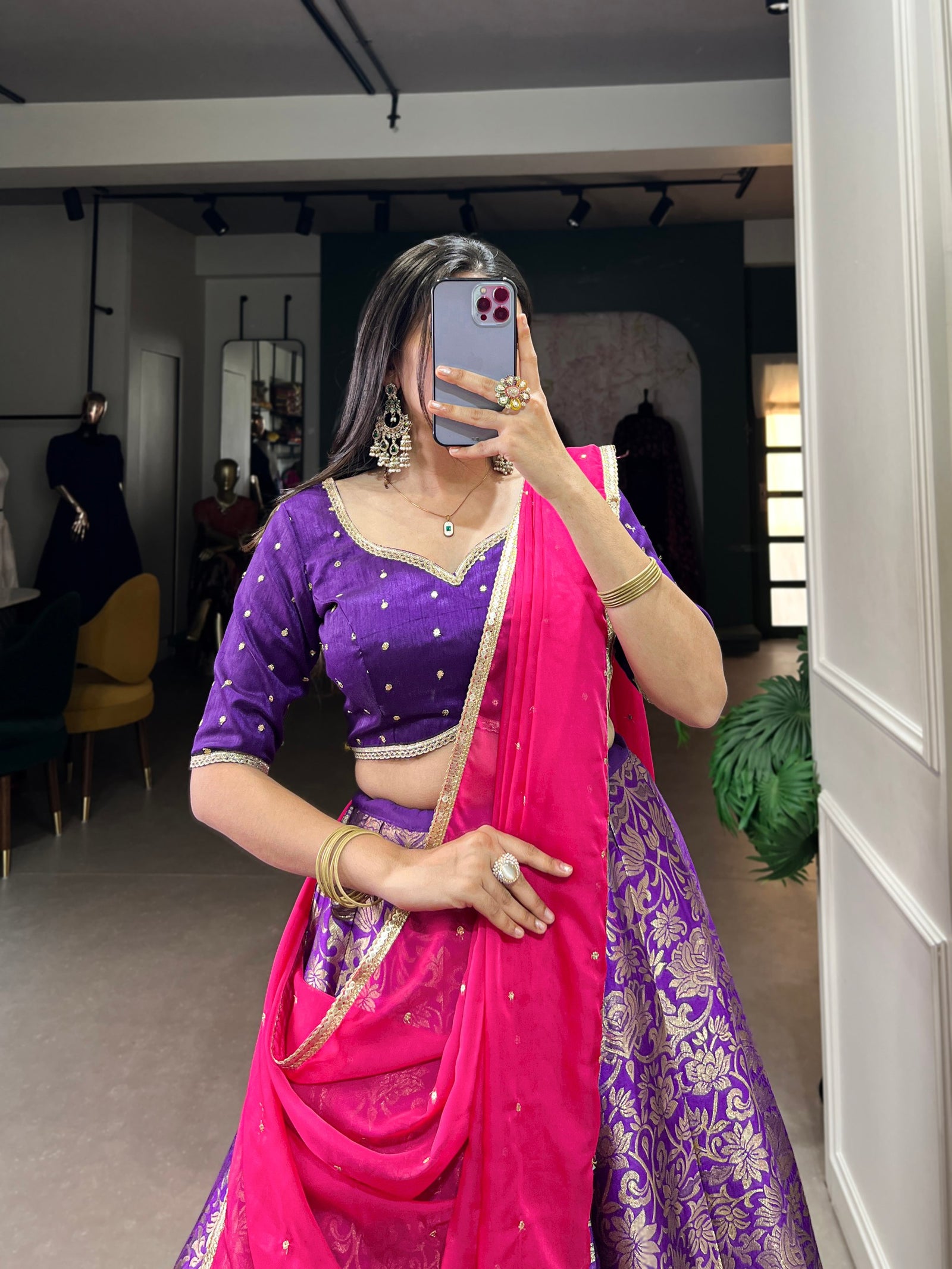 Purple Royal Drape Jacquard Silk Lehenga  Majestic Elegance
