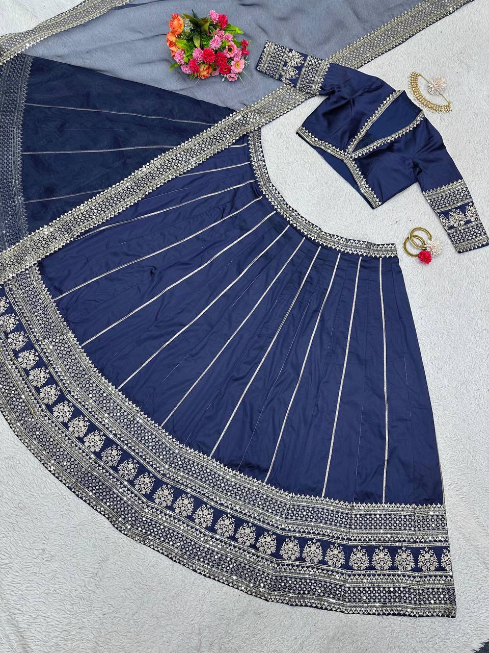 Blue Royal Tapeta Silk Lehenga Set with Sequin Embroidery & Organza Dupatta ClothsVilla