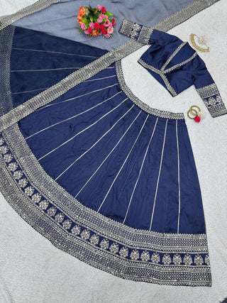 Blue Royal Tapeta Silk Lehenga Set with Sequin Embroidery & Organza Dupatta ClothsVilla