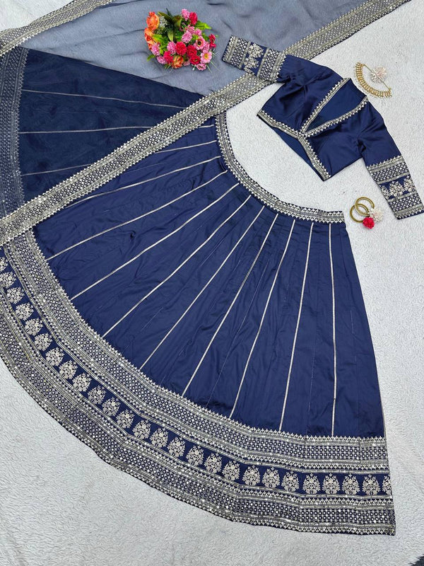 Blue Royal Tapeta Silk Lehenga Set with Sequin Embroidery & Organza Dupatta ClothsVilla