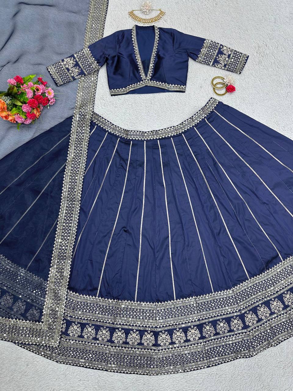 Blue Royal Tapeta Silk Lehenga Set with Sequin Embroidery & Organza Dupatta ClothsVilla