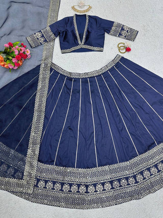 Blue Royal Tapeta Silk Lehenga Set with Sequin Embroidery & Organza Dupatta ClothsVilla