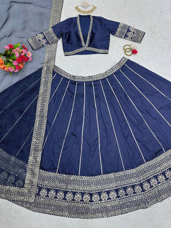 Blue Royal Tapeta Silk Lehenga Set with Sequin Embroidery & Organza Dupatta ClothsVilla