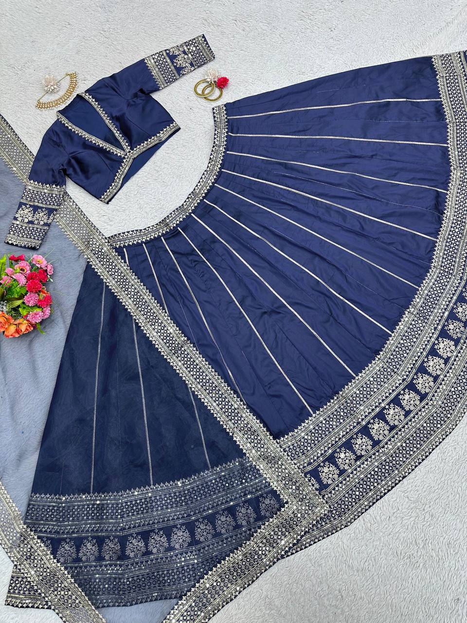 Blue Royal Tapeta Silk Lehenga Set with Sequin Embroidery & Organza Dupatta ClothsVilla