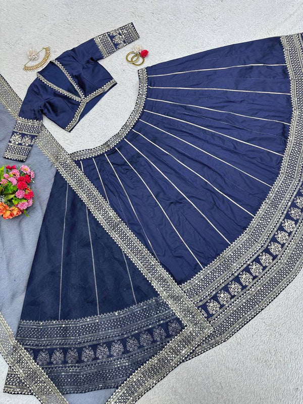 Blue Royal Tapeta Silk Lehenga Set with Sequin Embroidery & Organza Dupatta ClothsVilla