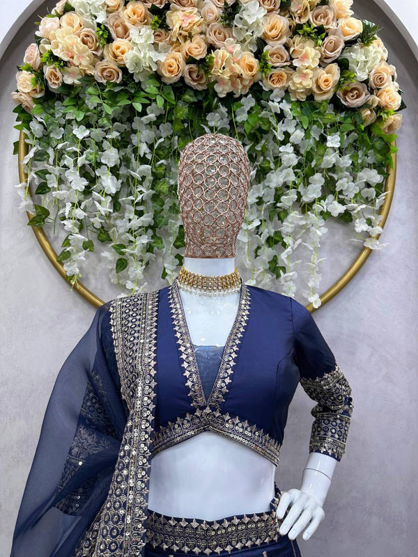 Blue Royal Tapeta Silk Lehenga Set with Sequin Embroidery & Organza Dupatta ClothsVilla