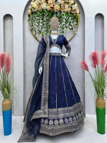 Blue Royal Tapeta Silk Lehenga Set with Sequin Embroidery & Organza Dupatta ClothsVilla