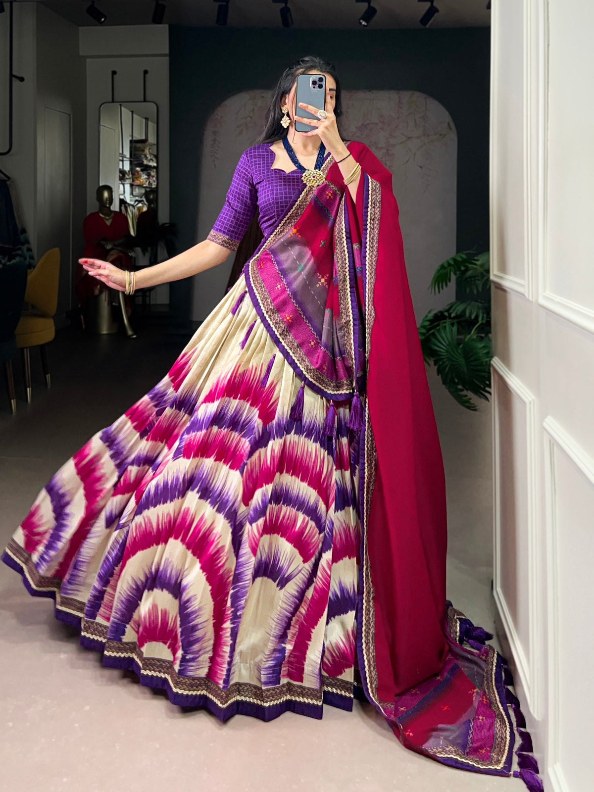 Purple Royal Tie‑Dye Dream Lehenga Set – Handcrafted Tasar Silk with Lace & Tassel Dupatta Clothsvilla Main image