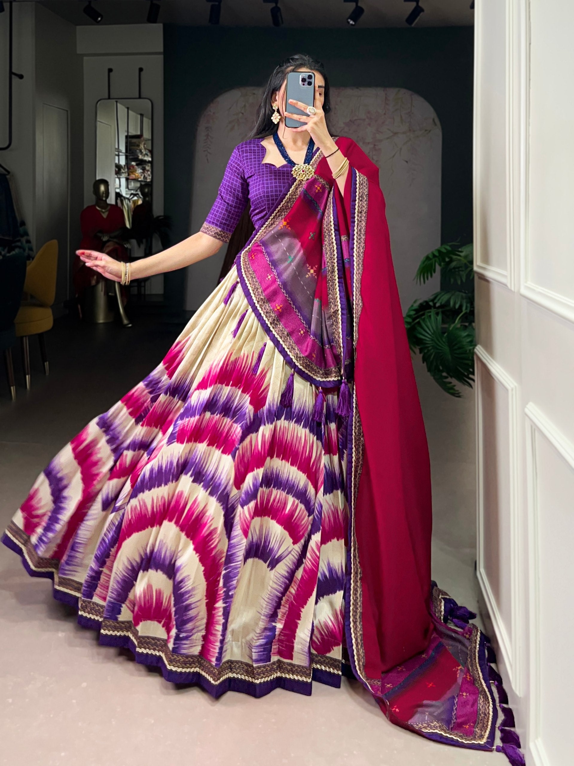 Purple Royal Tie‑Dye Dream Lehenga Set – Handcrafted Tasar Silk with Lace & Tassel Dupatta Clothsvilla