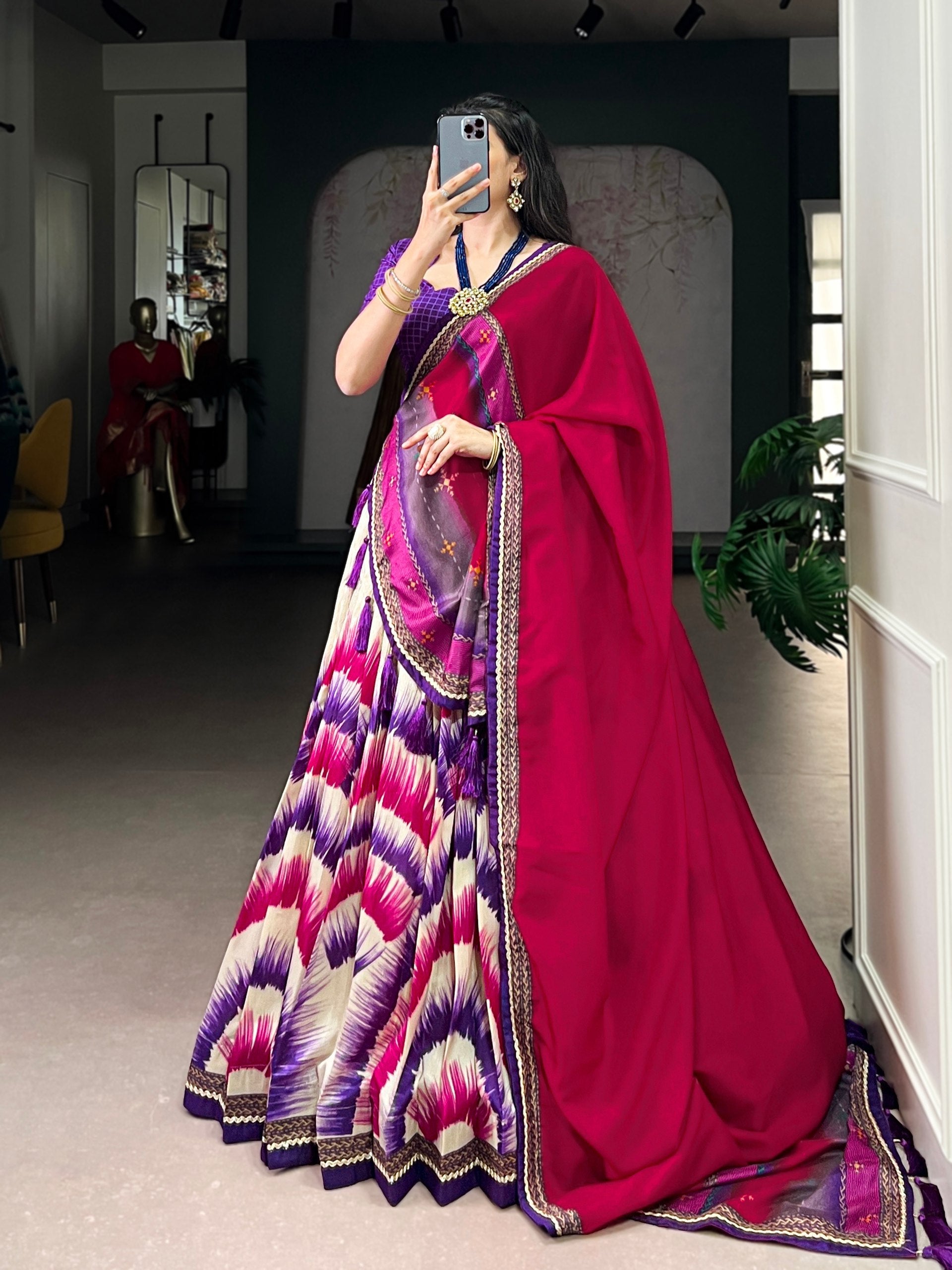 Purple Royal Tie‑Dye Dream Lehenga Set – Handcrafted Tasar Silk with Lace & Tassel Dupatta Clothsvilla