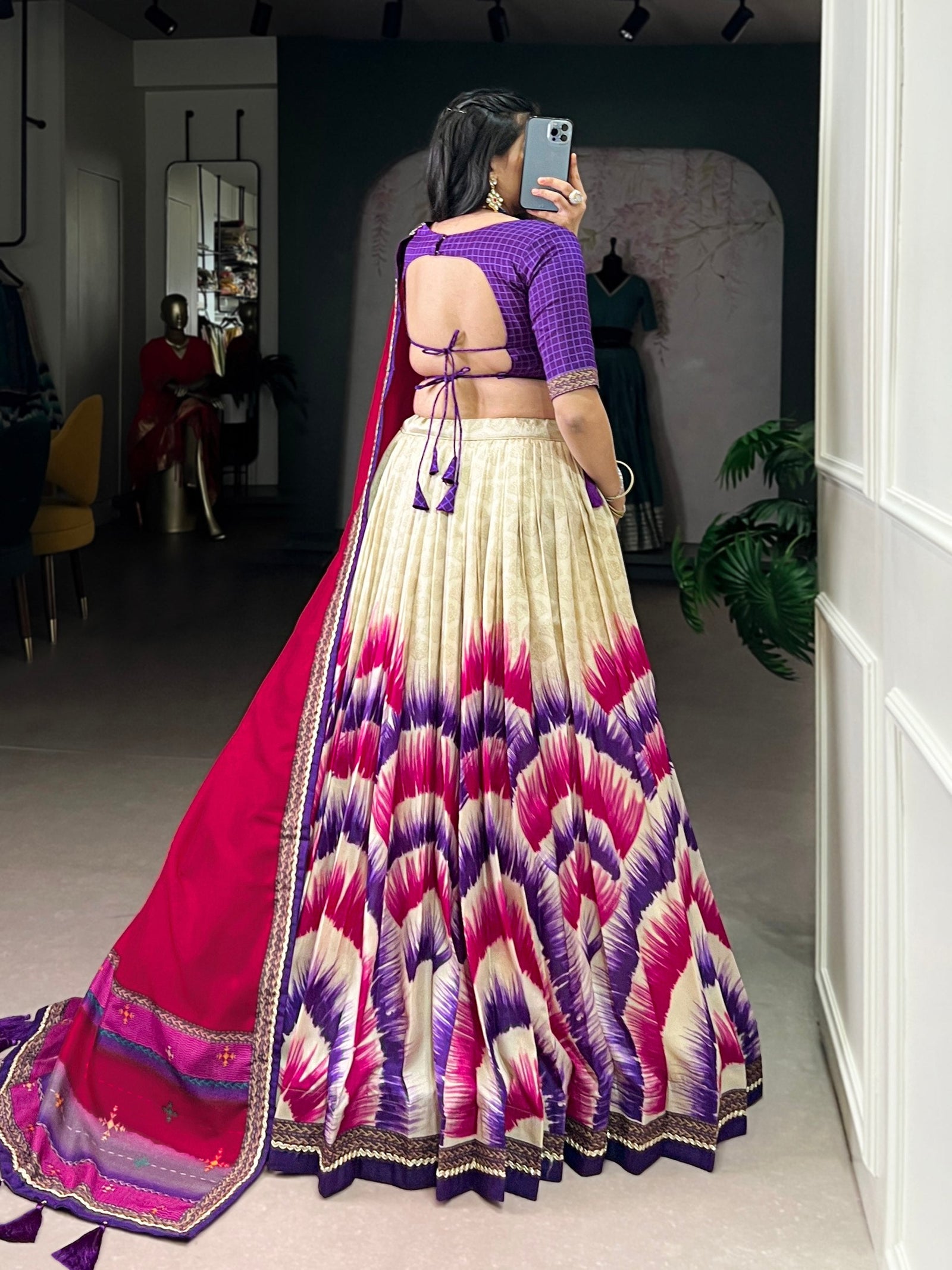 Purple Royal Tie‑Dye Dream Lehenga Set – Handcrafted Tasar Silk with Lace & Tassel Dupatta Clothsvilla