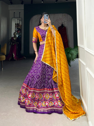 Purple Royal Tussar Silk Lehenga Choli with Bandhej & Patola Prints – Perfect for Festive Functions