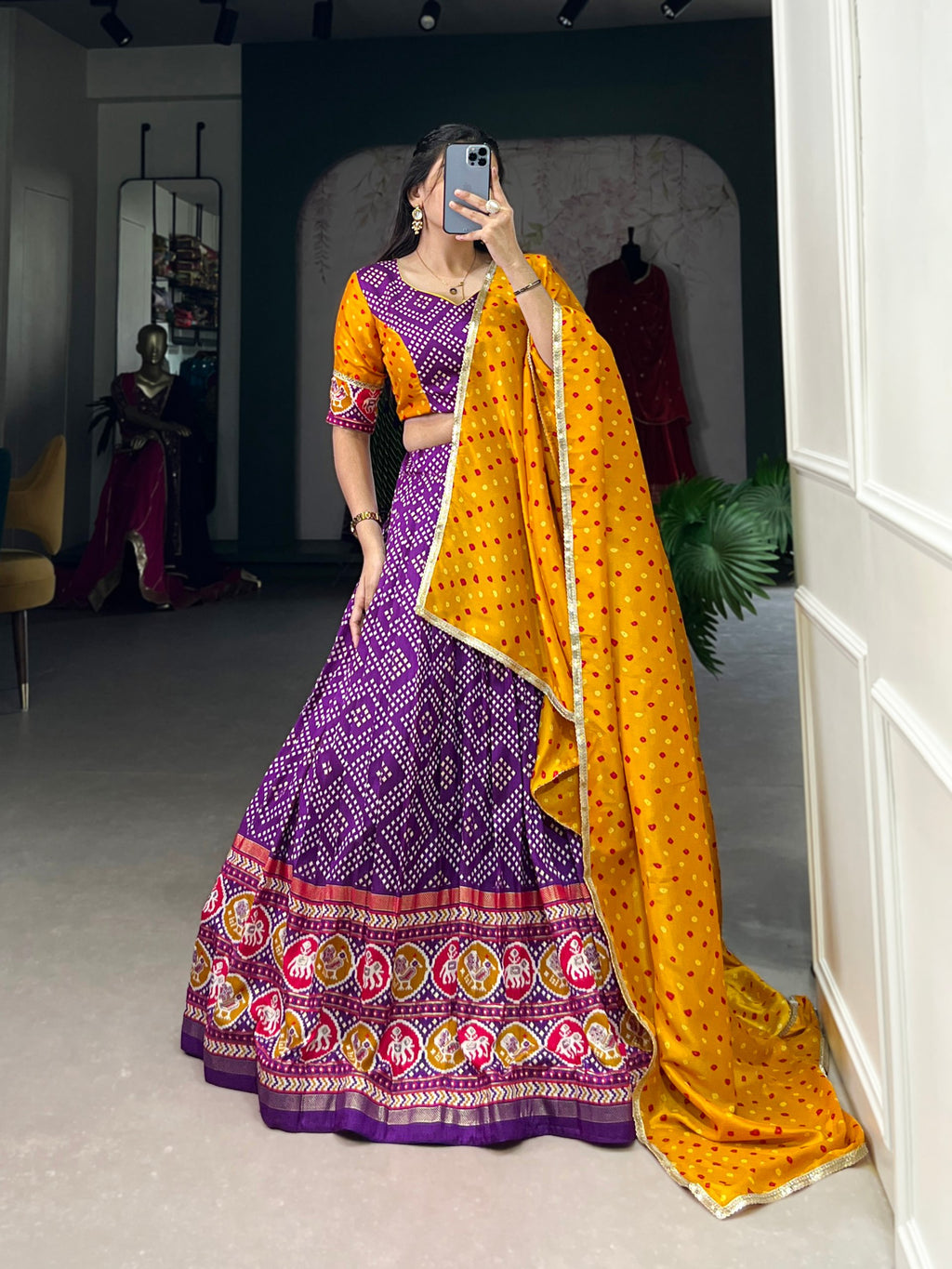 Purple Royal Tussar Silk Lehenga Choli with Bandhej & Patola Prints – Perfect for Festive Functions