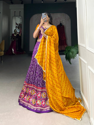 Purple Royal Tussar Silk Lehenga Choli with Bandhej & Patola Prints – Perfect for Festive Functions