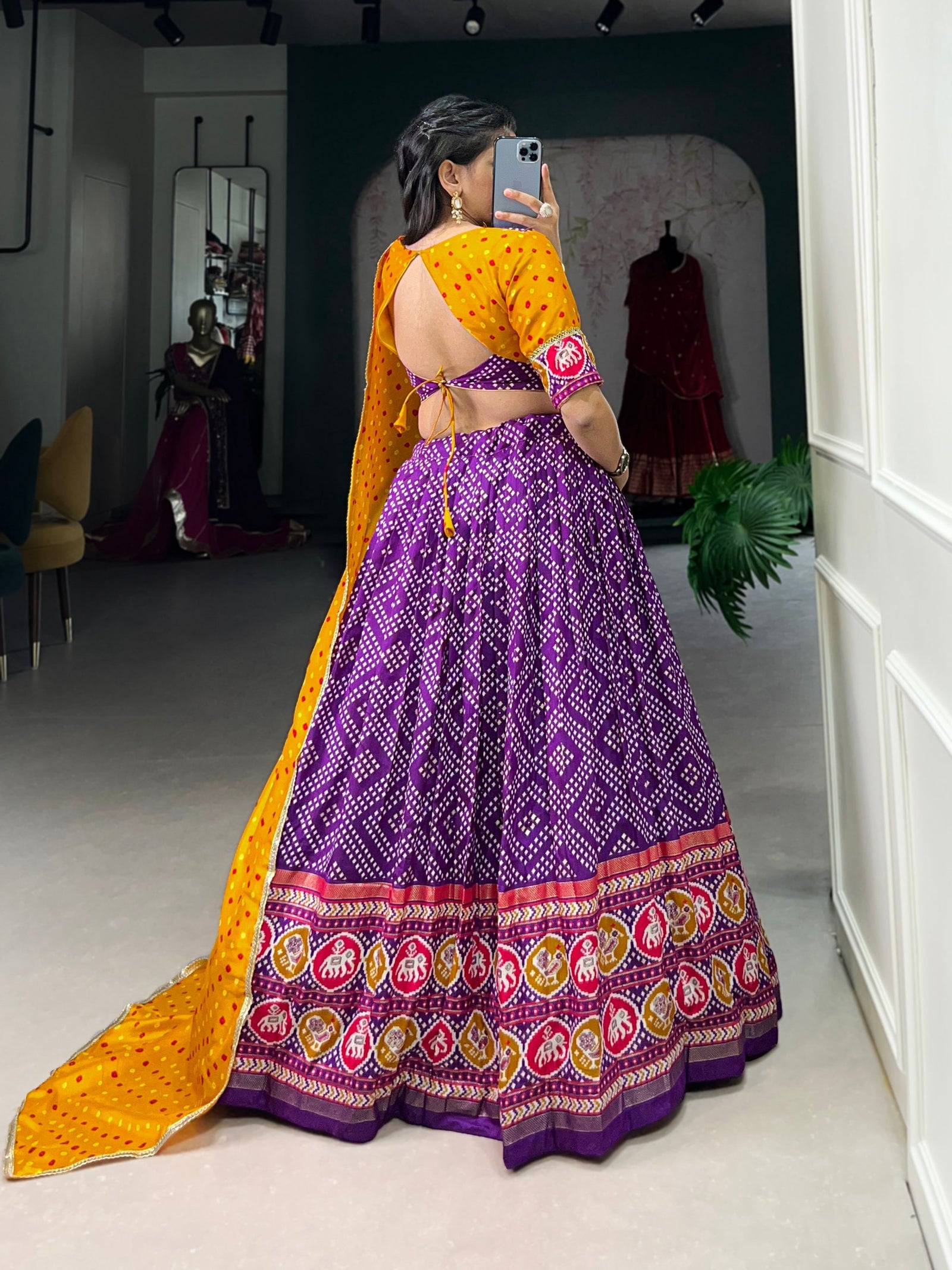 Purple Royal Tussar Silk Lehenga Choli with Bandhej & Patola Prints – Perfect for Festive Functions