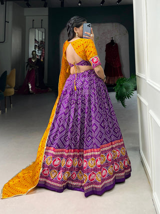 Purple Royal Tussar Silk Lehenga Choli with Bandhej & Patola Prints – Perfect for Festive Functions