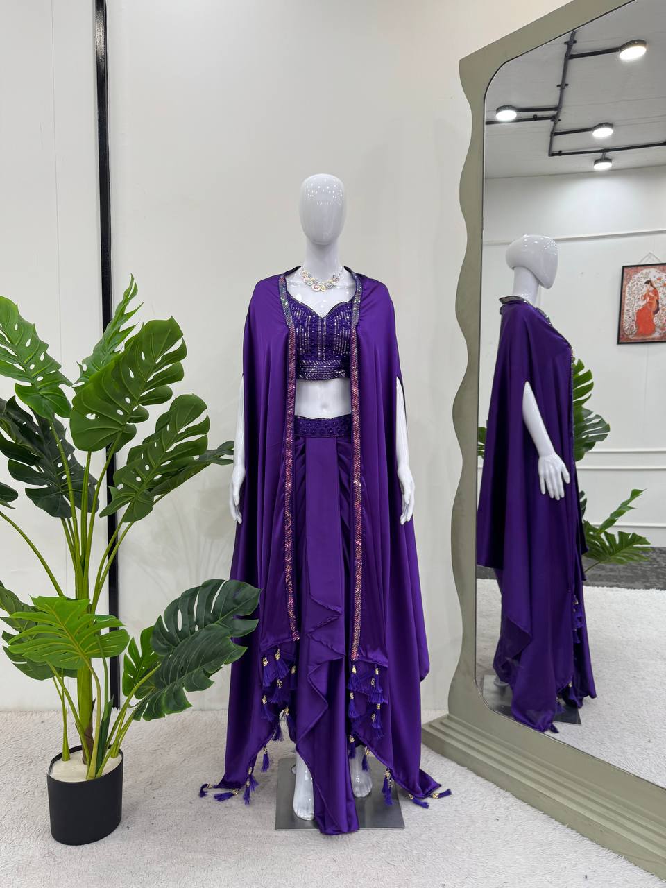 Purple Satin Silk Dhoti Style Set with Embroidered Choli & Tassel Shrug – Ready to Wear ClothsVilla