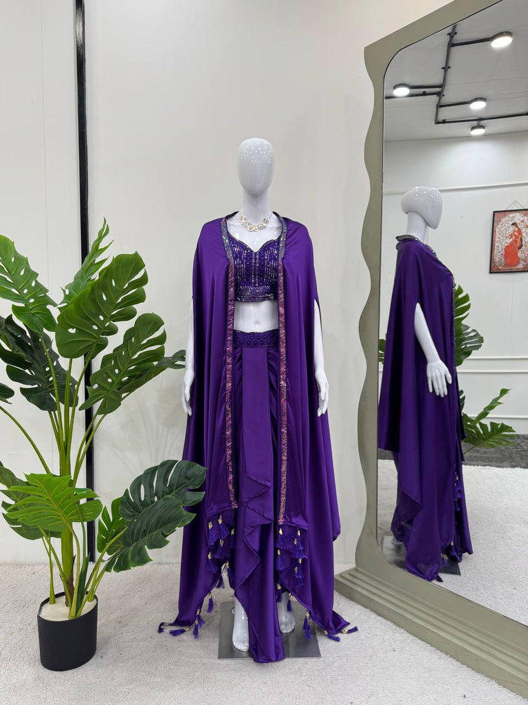 Purple Satin Silk Dhoti Style Set with Embroidered Choli & Tassel Shrug – Ready to Wear ClothsVilla