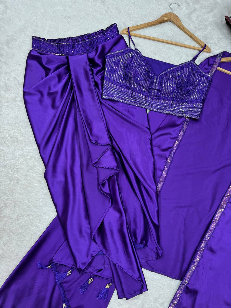 Purple Satin Silk Dhoti Style Set with Embroidered Choli & Tassel Shrug – Ready to Wear ClothsVilla