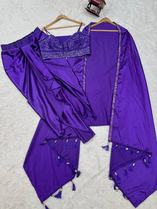 Purple Satin Silk Dhoti Style Set with Embroidered Choli & Tassel Shrug – Ready to Wear ClothsVilla