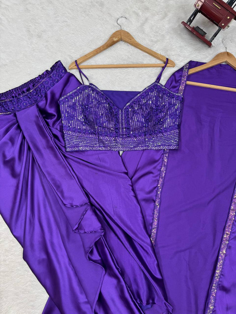Purple Satin Silk Dhoti Style Set with Embroidered Choli & Tassel Shrug – Ready to Wear ClothsVilla