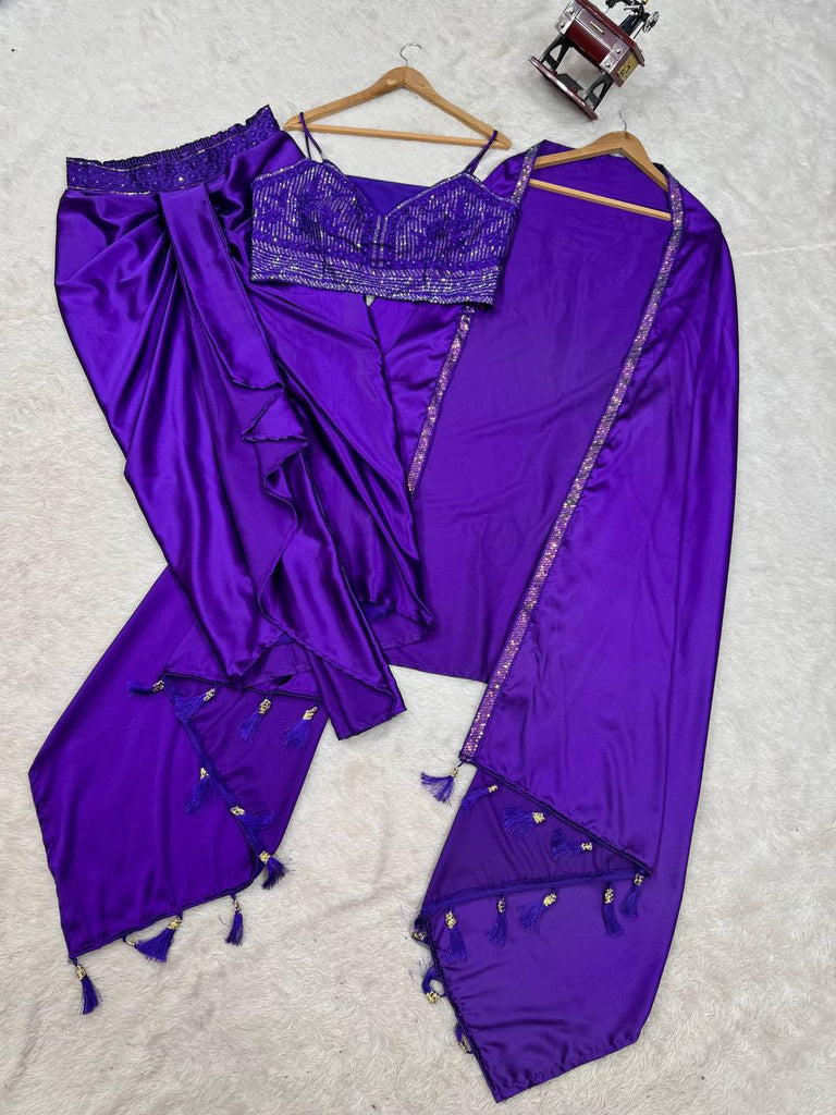 Purple Satin Silk Dhoti Style Set with Embroidered Choli & Tassel Shrug – Ready to Wear ClothsVilla