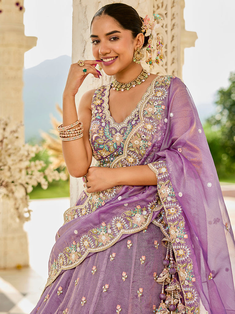 Purple Satin Silk Sequins & Embroidery Lehenga Choli with Ethnic Dupatta – Fully Stitched ClothsVilla