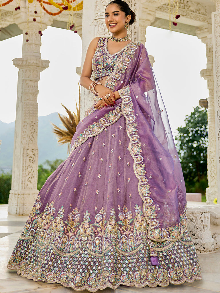 Purple Satin Silk Sequins & Embroidery Lehenga Choli with Ethnic Dupatta – Fully Stitched ClothsVilla