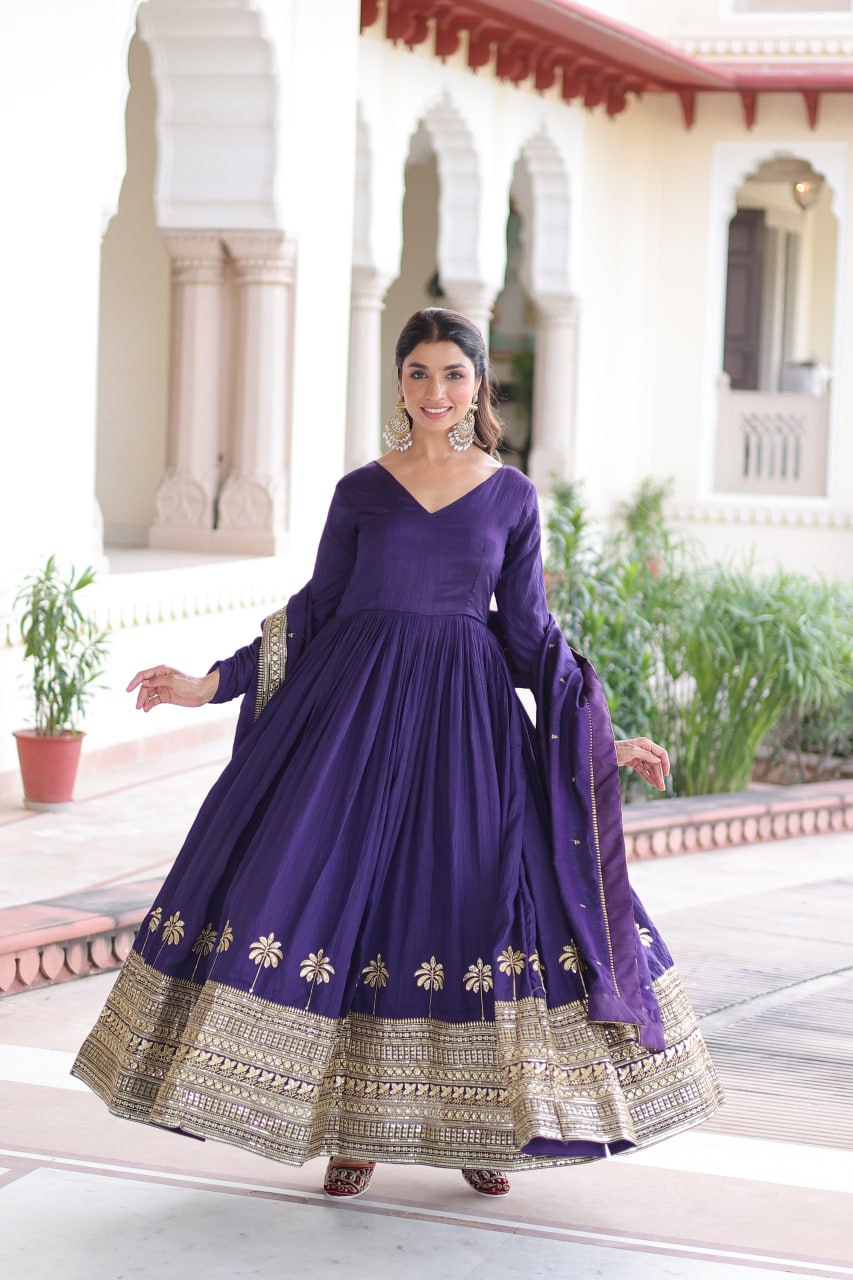 Purple Sequins Embroidered Gown ClothsVilla