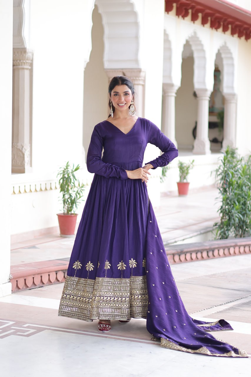 Purple Sequins Embroidered Gown ClothsVilla